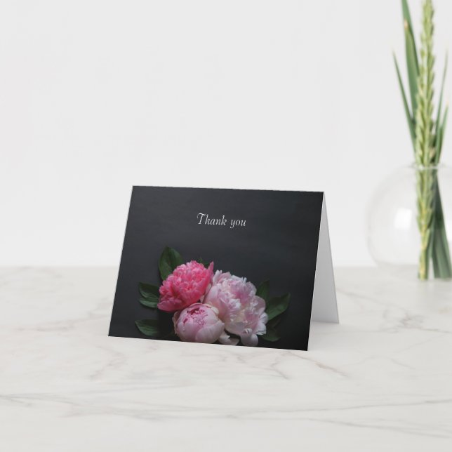 Pink peonies on dark background thank you card (Front)