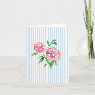 Pink Peonies Painting Blue Stripe Thank You Card