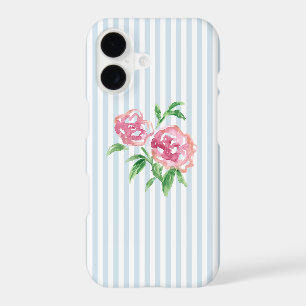 Pink Peonies Painting Nautical Blue Stripe Coastal