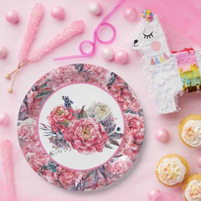 Pink Peonies Paper Plate (Party)
