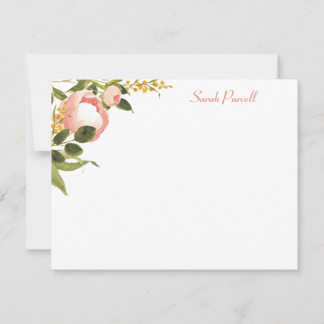 Pink Peonies Personalised Flat Note Card (Front)