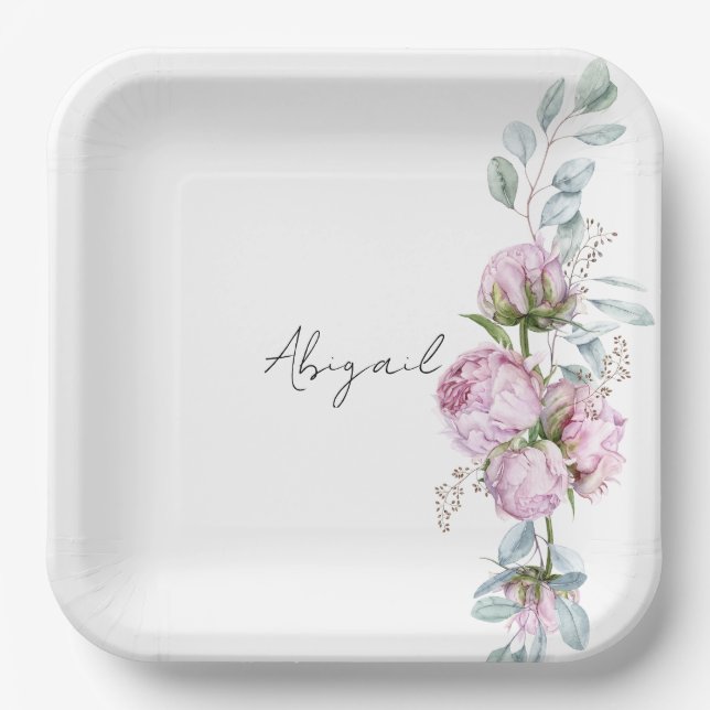 Pink Peonies Personalised Script Bridal Shower  Paper Plate (Front)