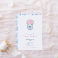 Pink Peonies Preppy Blue White Vase Bridal Shower 