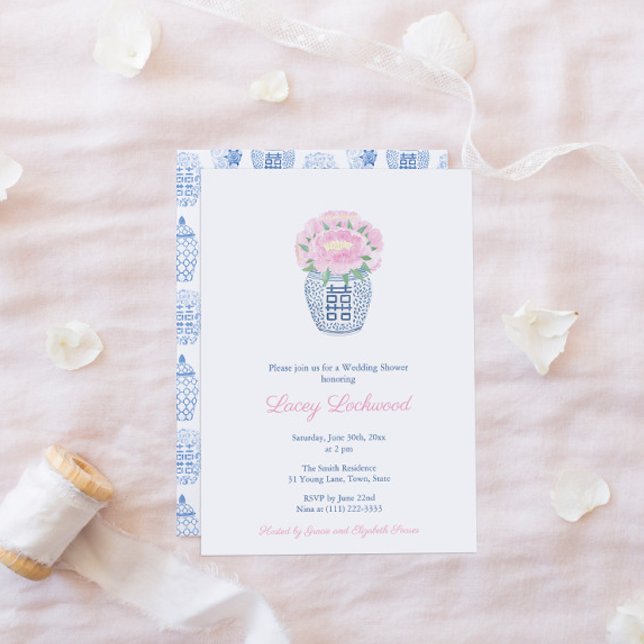 Pink Peonies Preppy Blue White Vase Bridal Shower  Invitation (Bridal Shower Invitation With Pink Peonies In A Ginger Jar Vase And Co-ordinating Ginger Jar Backer)