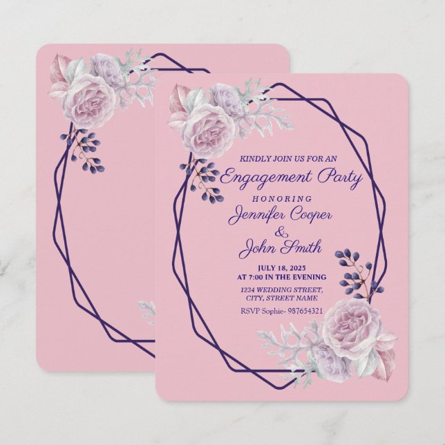 Pink Peonies Purple Geometric Frame Engagement Invitation (Front/Back)