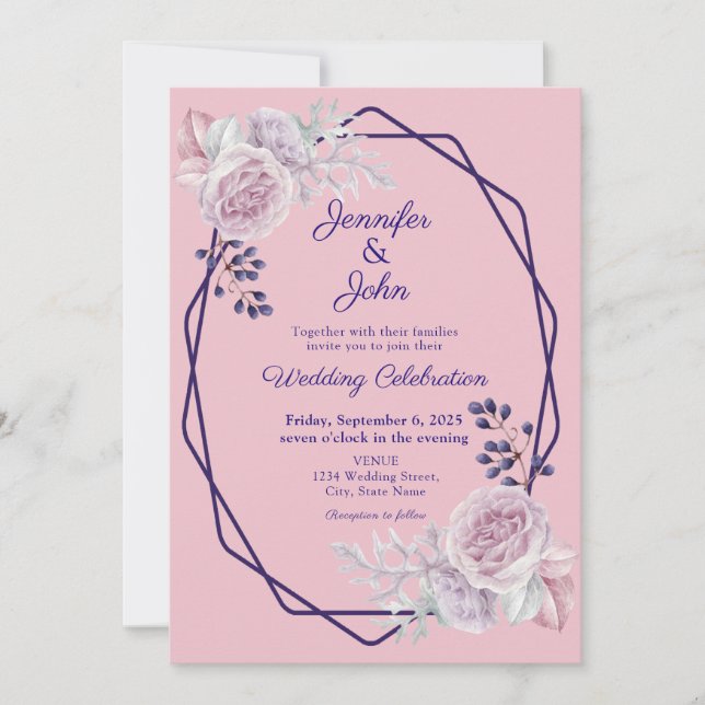 Pink Peonies Purple Geometric Frame Floral Wedding Invitation (Front)