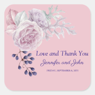 Pink Peonies Purple Geometric Frame Wedding Square Sticker