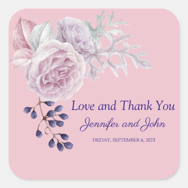 Pink Peonies Purple Geometric Frame Wedding Square Sticker (Front)