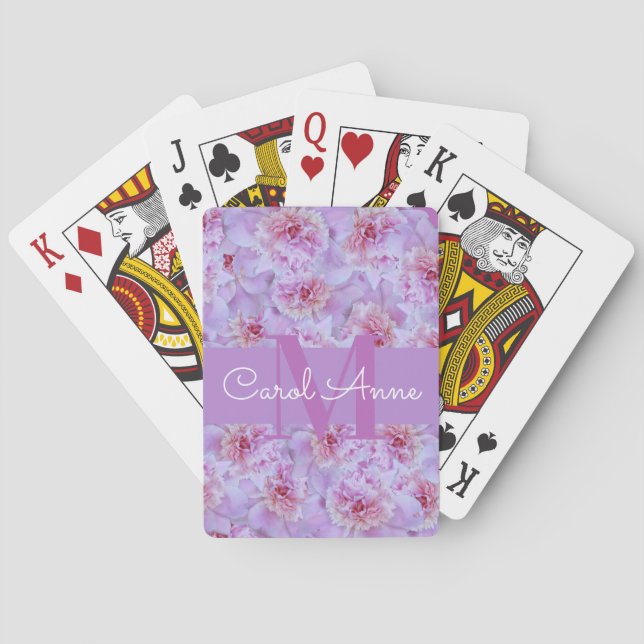 Pink Peonies Purple Monogram Floral Playing Cards (Back)