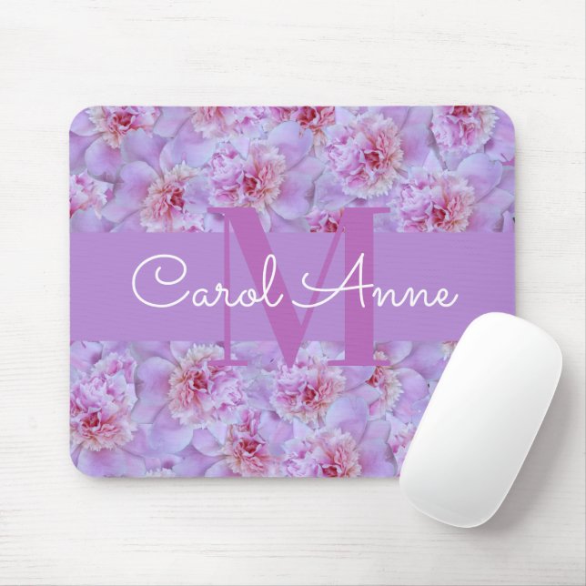 Pink Peonies Purple Monogram Mouse Pad (With Mouse)