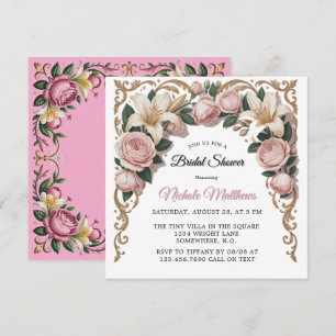 Pink Peonies Rococo Frame Bridal Shower Invitation
