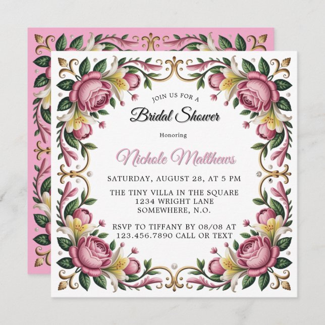 Pink Peonies Rococo Frame Bridal Shower Invitation (Front/Back)