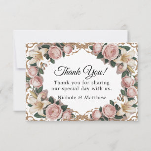 Pink Peonies Rococo Frame Wedding Thank You Card