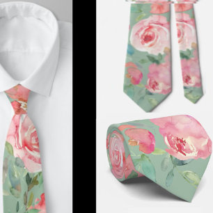 Pink Peonies Roses Green Greenery Floral Neck Tie