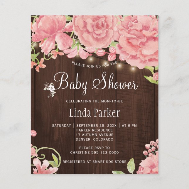 Pink peonies rustic budget baby shower invitation (Front)