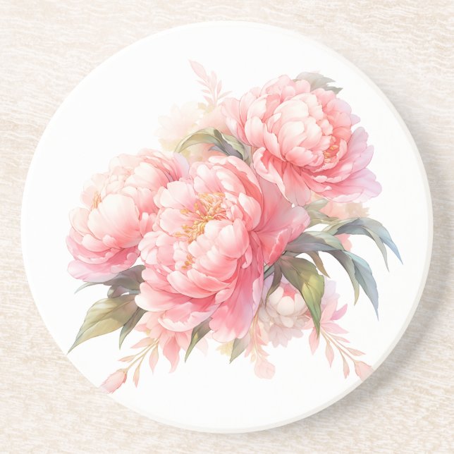 Pink Peonies Sandstone Coaster (Front)
