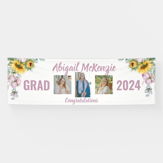 Pink Peonies Sunflower Graduation Banner (Horizontal)