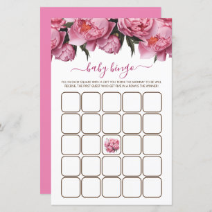 Pink Peonies Watercolor Baby Shower Game Bingo