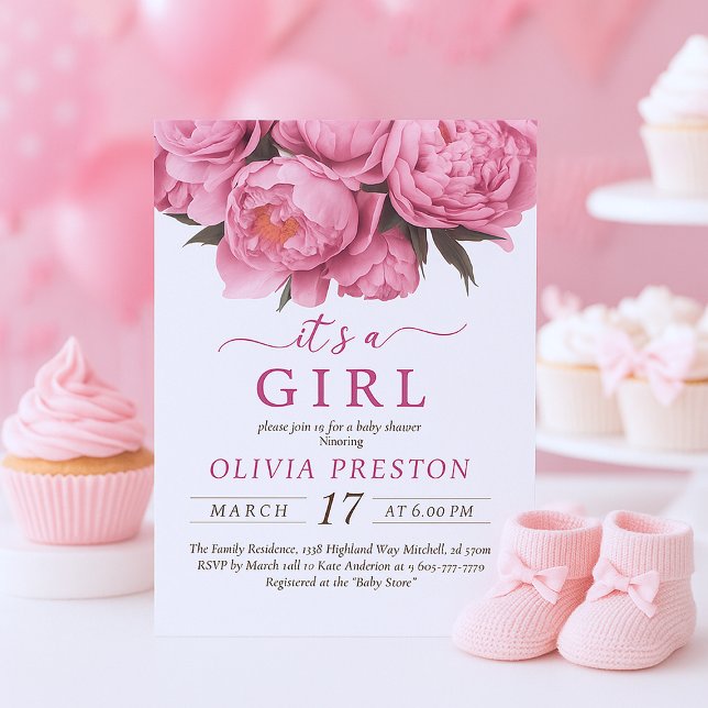 Pink Peonies Watercolor Baby Shower It's A Girl Invitation (Pink Peonies Watercolor Baby Shower It's A Girl Invitation)