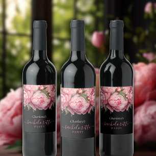 Pink Peonies Watercolor Black Bachelorette Party Wine Label