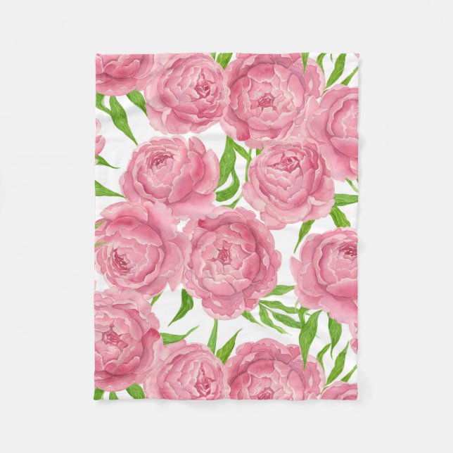 Pink peonies watercolor fleece blanket (Front)