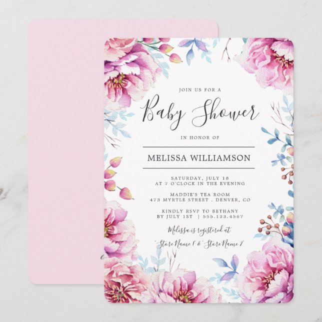 Pink Peonies Watercolor Floral Baby Shower Invitation (Front/Back)