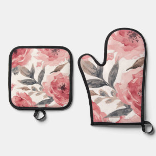 Pink Peonies Watercolor Floral Botanical Painted Oven Mitt & Pot Holder Set