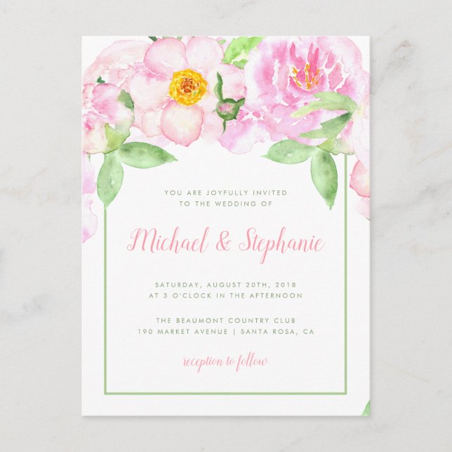 Pink Peonies Watercolor Floral Spring Wedding Invitation Postcard (Front)