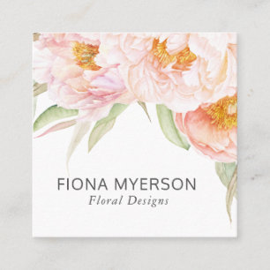 Pink Peonies Watercolor Floral Square Business Card