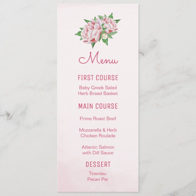 Pink Peonies Watercolor Flower Menus (Front)
