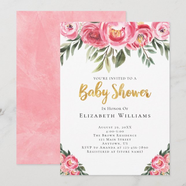 Pink Peonies Watercolor Flowers Girl Baby Shower Invitation (Front/Back)