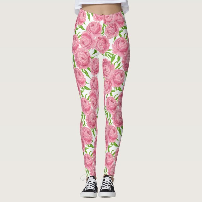 Pink peonies watercolor leggings (Front)