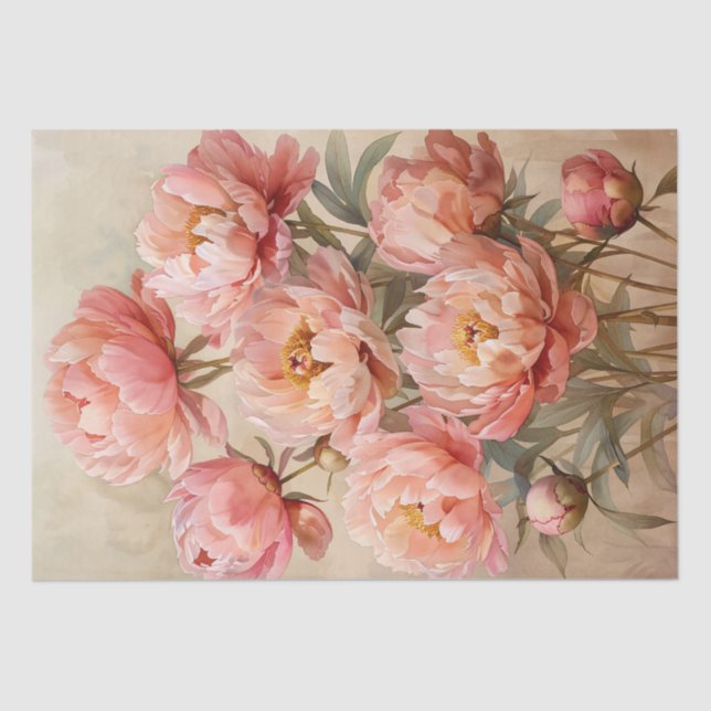 Pink Peonies Watercolor on Parchment Decoupage Tissue Paper (Front)