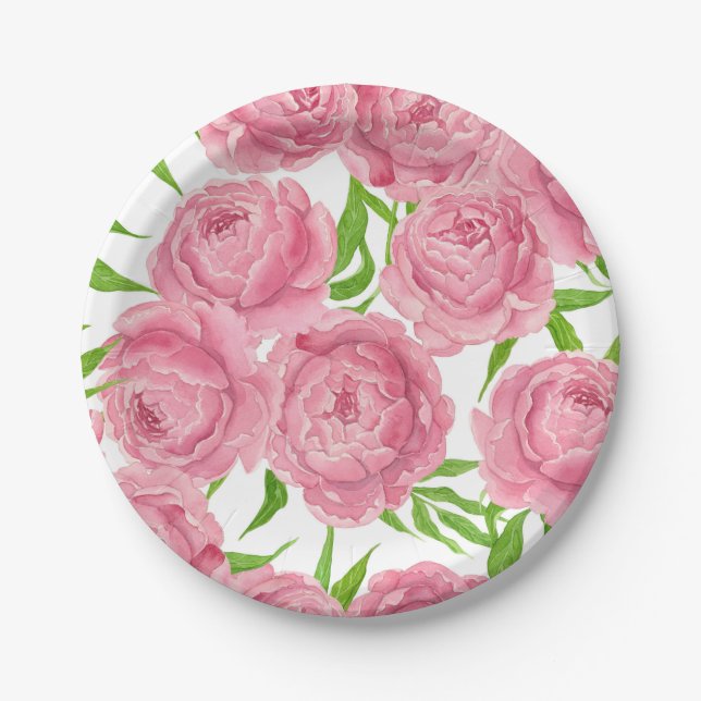 Pink peonies watercolor paper plate (Front)