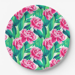 Pink Peonies Watercolor Print Paper Plate