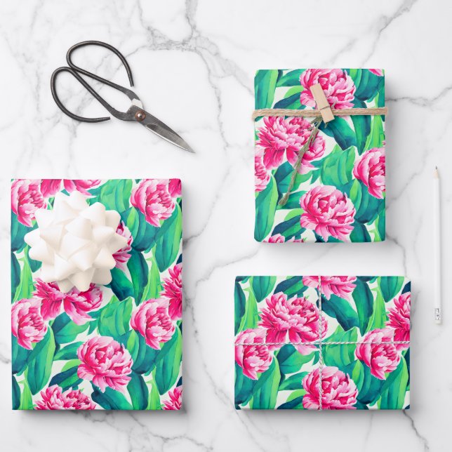 Pink Peonies Watercolor Print Wrapping Paper Sheet (Front)