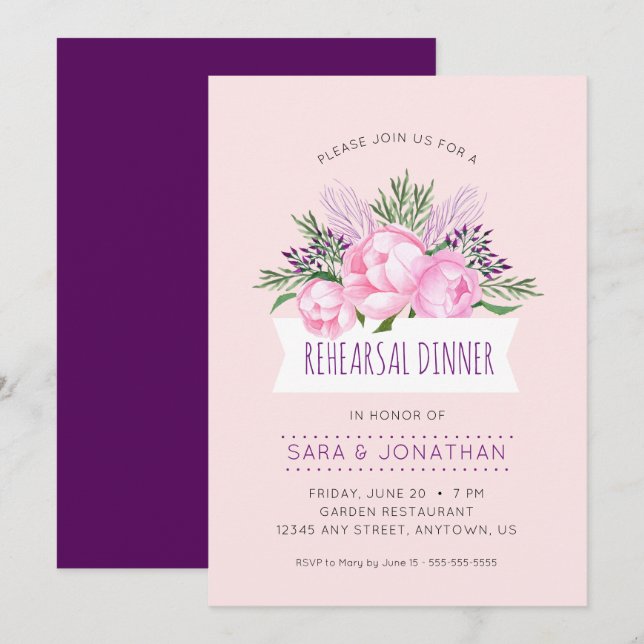Pink Peonies Watercolor Rehearsal Dinner Invitation (Front/Back)