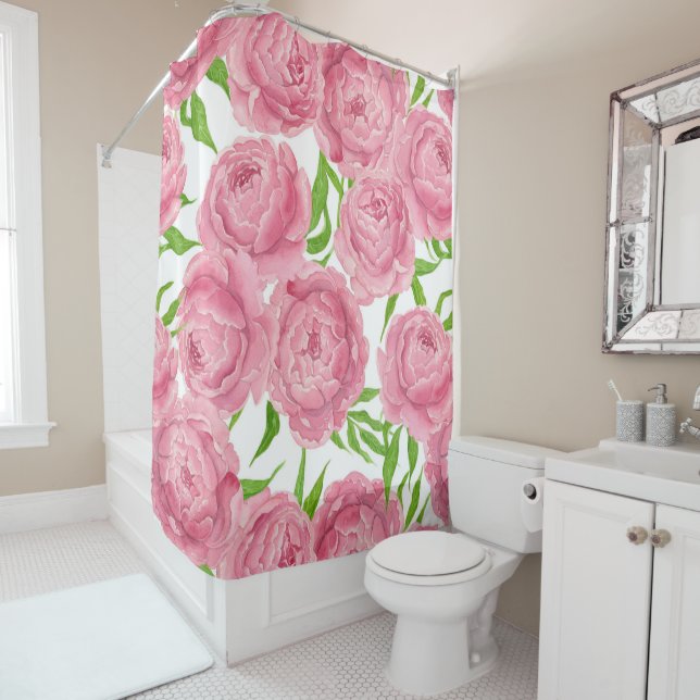 Pink peonies watercolor shower curtain (In Situ)