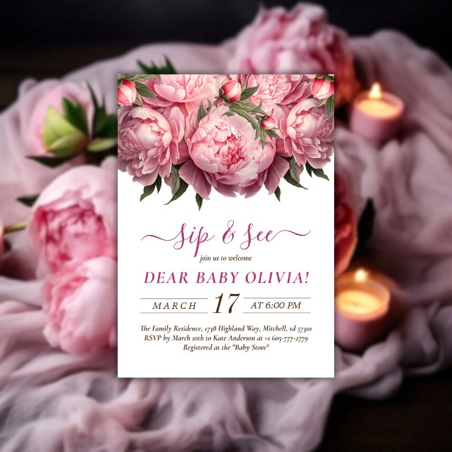 Pink Peonies Watercolor Sip and See Invitation (Pink Peonies Watercolor Sip and See Invitation)