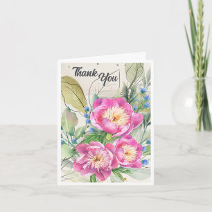 Pink Peonies Watercolor Thank You Card