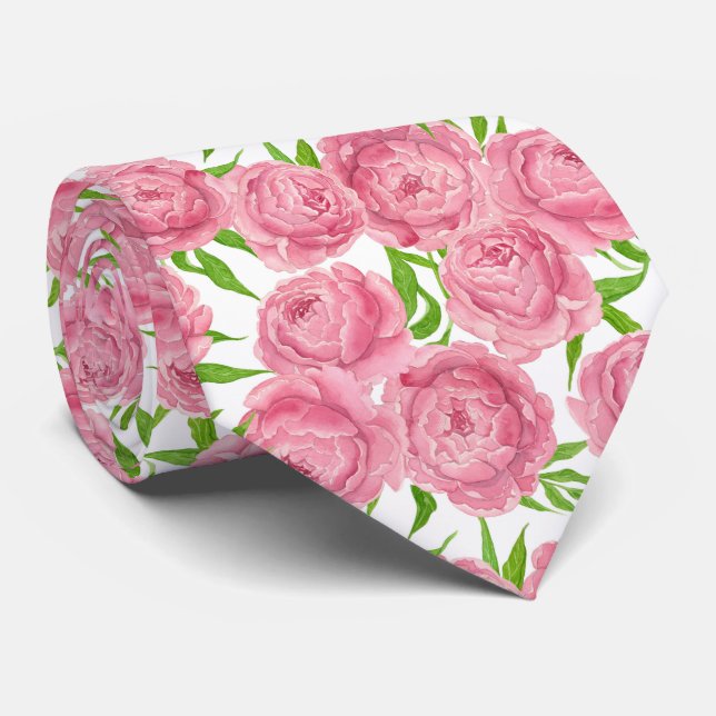 Pink peonies watercolor tie (Rolled)