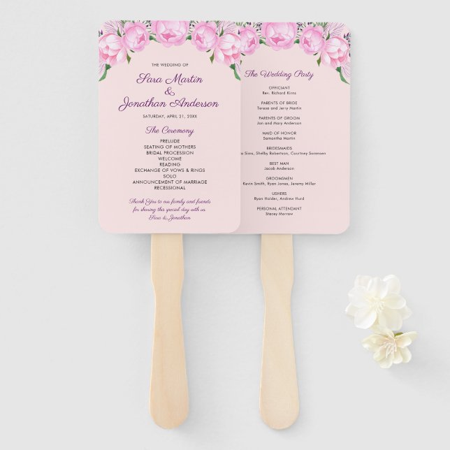 Pink Peonies Watercolor | Wedding Hand Fan (Front and Back)