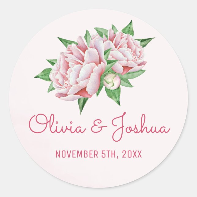 Pink Peonies Watercolor Wedding Stickers (Front)