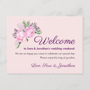 Pink Peonies Watercolor   Wedding Welcome Postcard