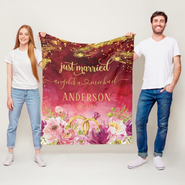 Pink Peonies Wedding Ring Red Gold Just Married Fleece Blanket (In Situ)
