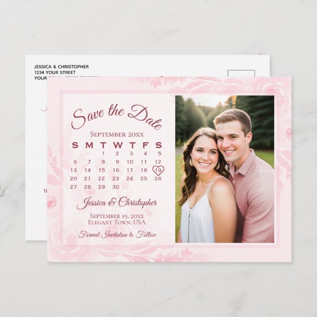 Pink Peonies Wedding Save the Date Calendar Photo Announcement Postcard (Front/Back)