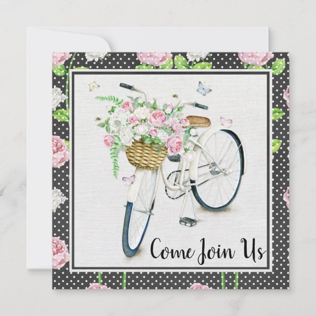 Pink Peonies & White Bicycle Birthday Party Invitation (Front)