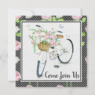 Pink Peonies & White Bicycle Birthday Party Invitation