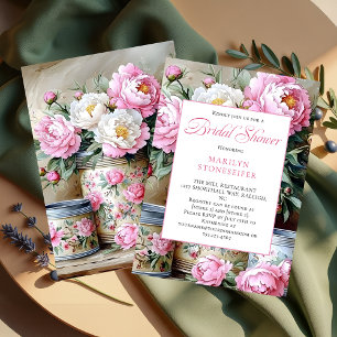 Pink Peonies White Daisies in Mason Jar Invitation