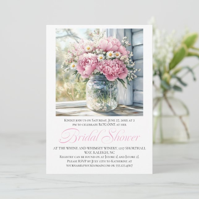 Pink Peonies White Daisies in Mason Jar Invitation (Standing Front)